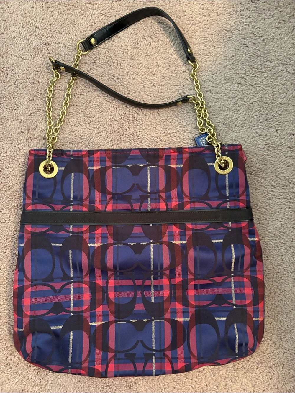 Coach Poppy Tartan Navy and Pink Plaid Signature Chain Slim Tote